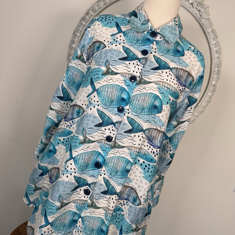 Shana Womens Blue Abstract Fish Lagenlook Tunic Top‎ Button Up Art To Wear XS